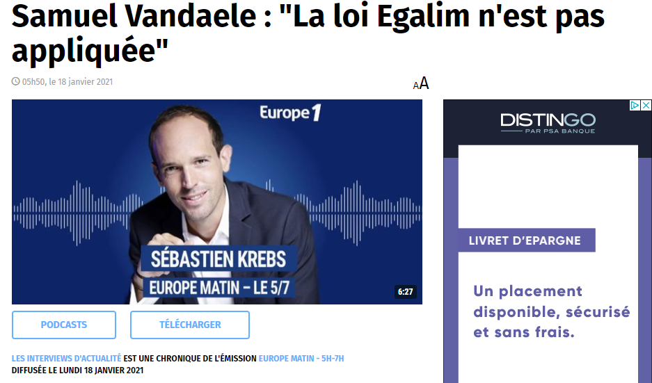 Europe 1 – Samuel Vandaele : « La loi Egalim n’est pas appliquée »