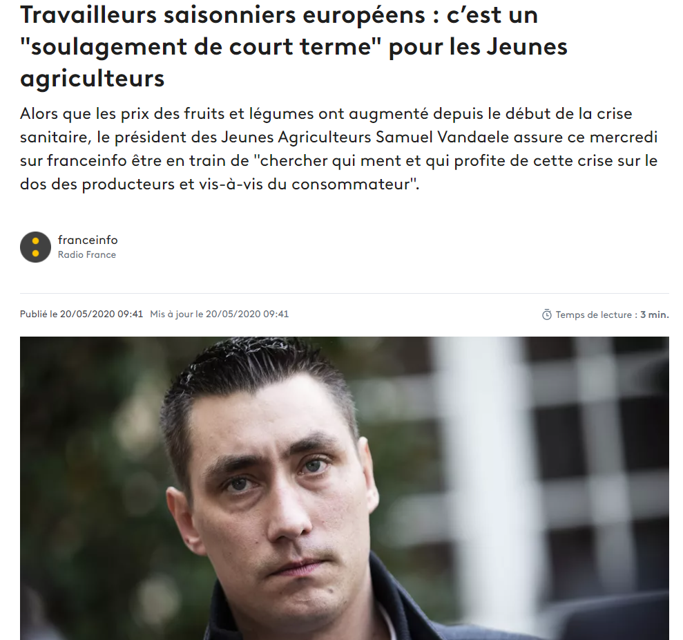 France Info : Travailleurs saisonniers européens : c’est un « soulagement de court terme » pour les Jeunes agriculteurs